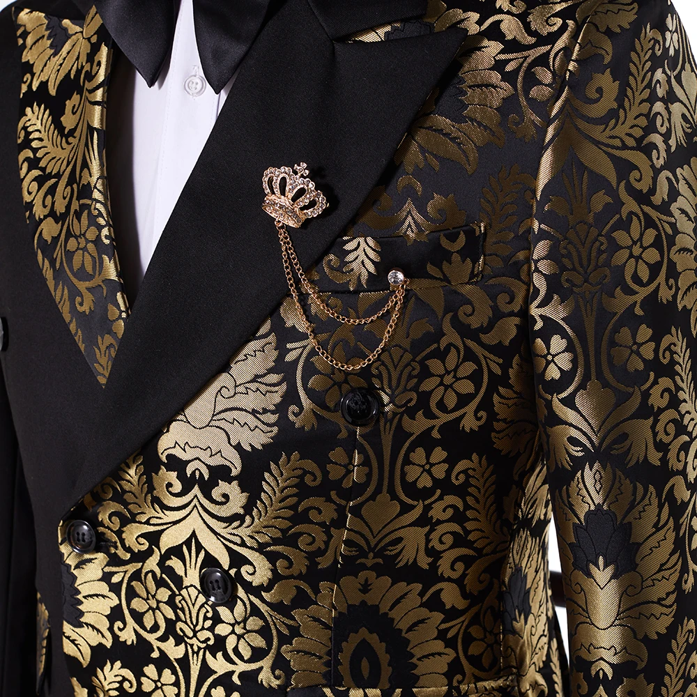 Blazer Sets Black Gold Floral Double Breasted Suits Men 2023 Costume Homme  Mariage Formal Tuxedo Prom Party Dresses Wedd Color As Picture size XSEU 44