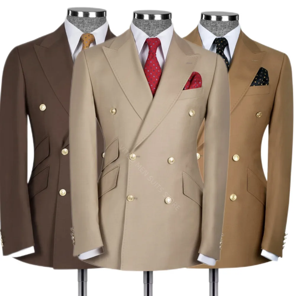 

Khaki Men Suits Slim Fit 2 Piece Classic Solid Color Double Breasted Blazer For Wedding Groom Groomsmen Clothes Custom Made Sets