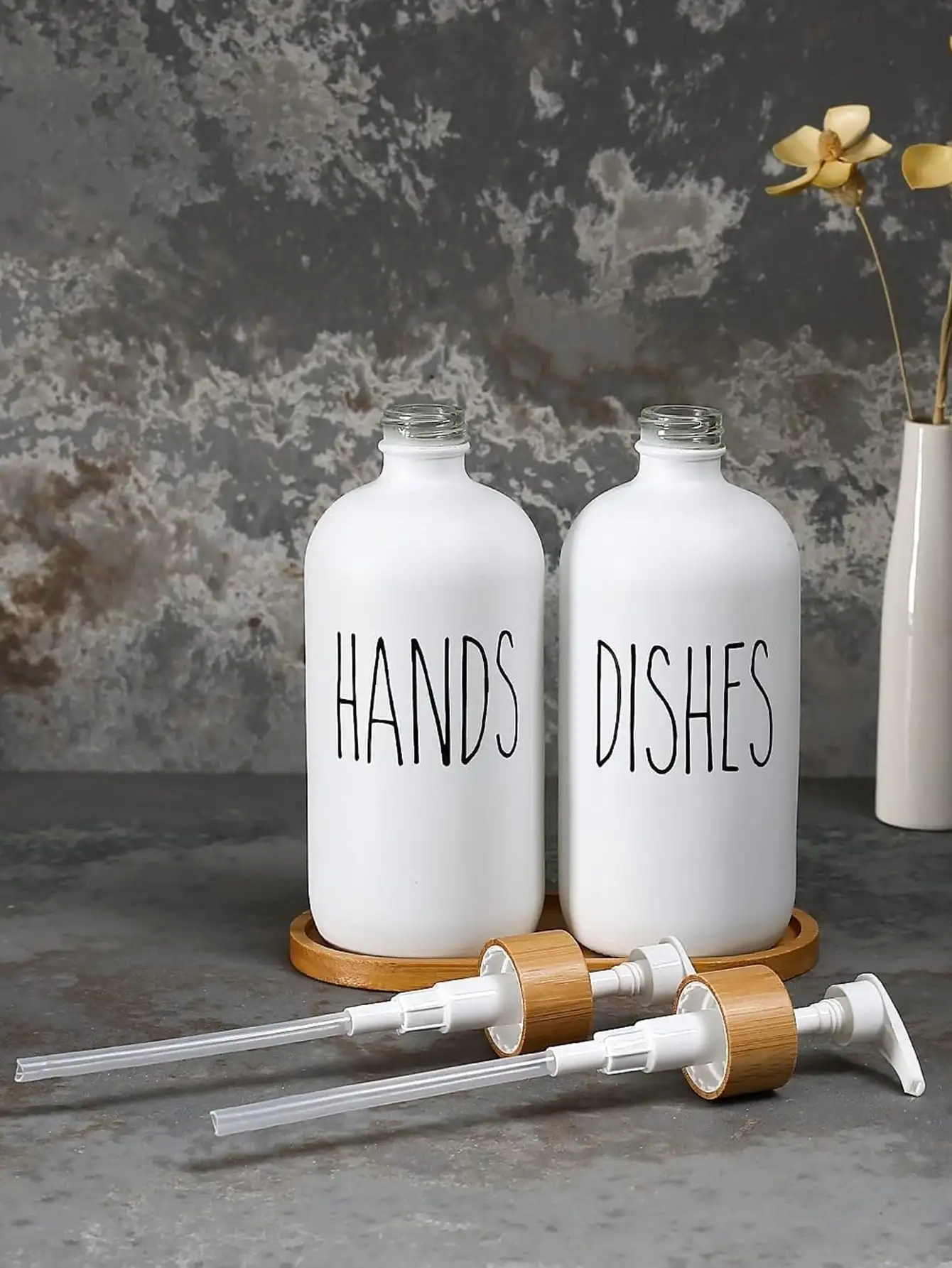 Leeseph Dish Soap Dispenser for Kitchen Bamboo Pump and Soap Tray Set Dispenser Set Hand Dispenser(Empty Bottle)
