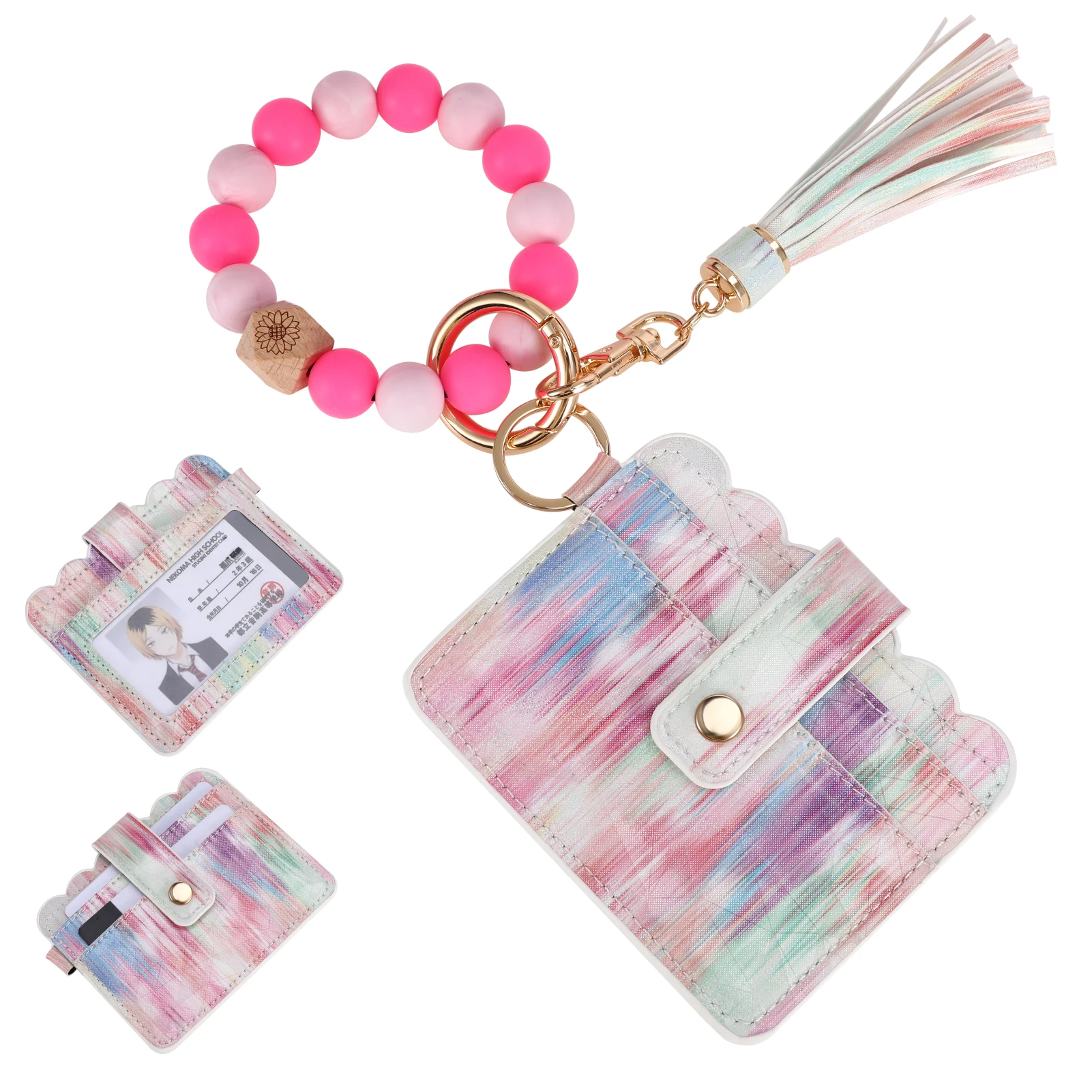 Pu Leather ID Credit Card Holder with Silicone bead key chain wristlet Fahsion Keychain For Women Colorful Pink Card Wallet