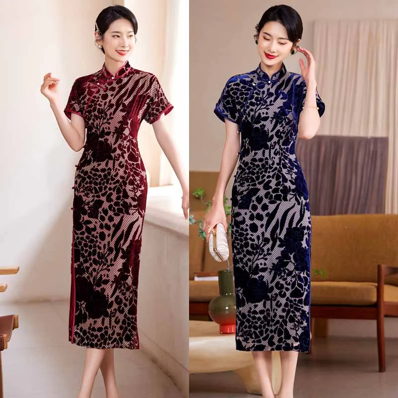 

Middle Aged Women's Improved Cheongsam New Chinese Style Long Red Vintage Qipao Tradition Mandarin Collar Sexy Slim Dress