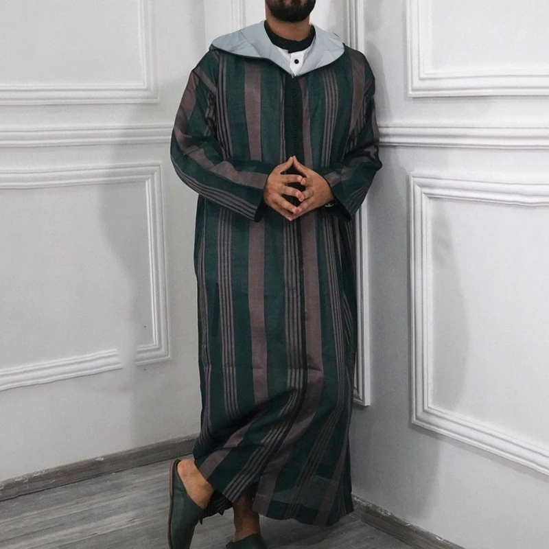 

Muslim Dresses for Mens Long Sleeve Stripes Dubai Shirt Kaftan Thobe Robe Gown Straight Leisure Race Style Clothing