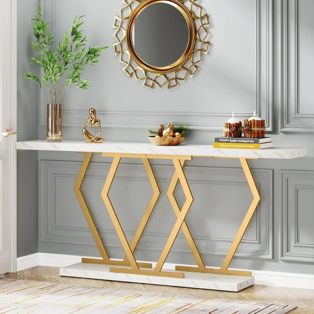 70.9 Inch Extra Long Sofa Table White and Gold Console Table with Faux Marble Tabletop,Modern Long Entryway Table Gold Frame 2