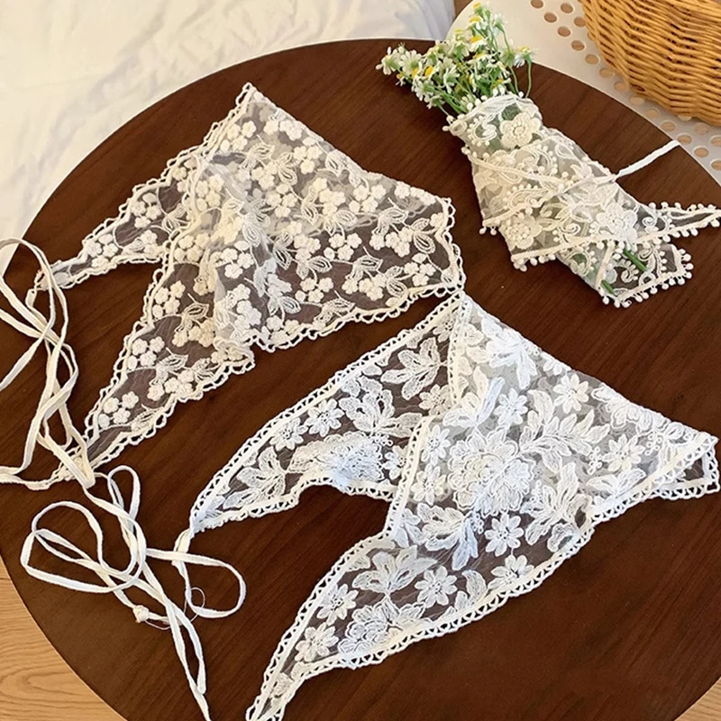 프렌치 레이스 삼각형 헤어 스카프, 한국 헤어 밴드, 스위트 스카프, 용수철, 여름, 여성, 소녀, 머리 장식
