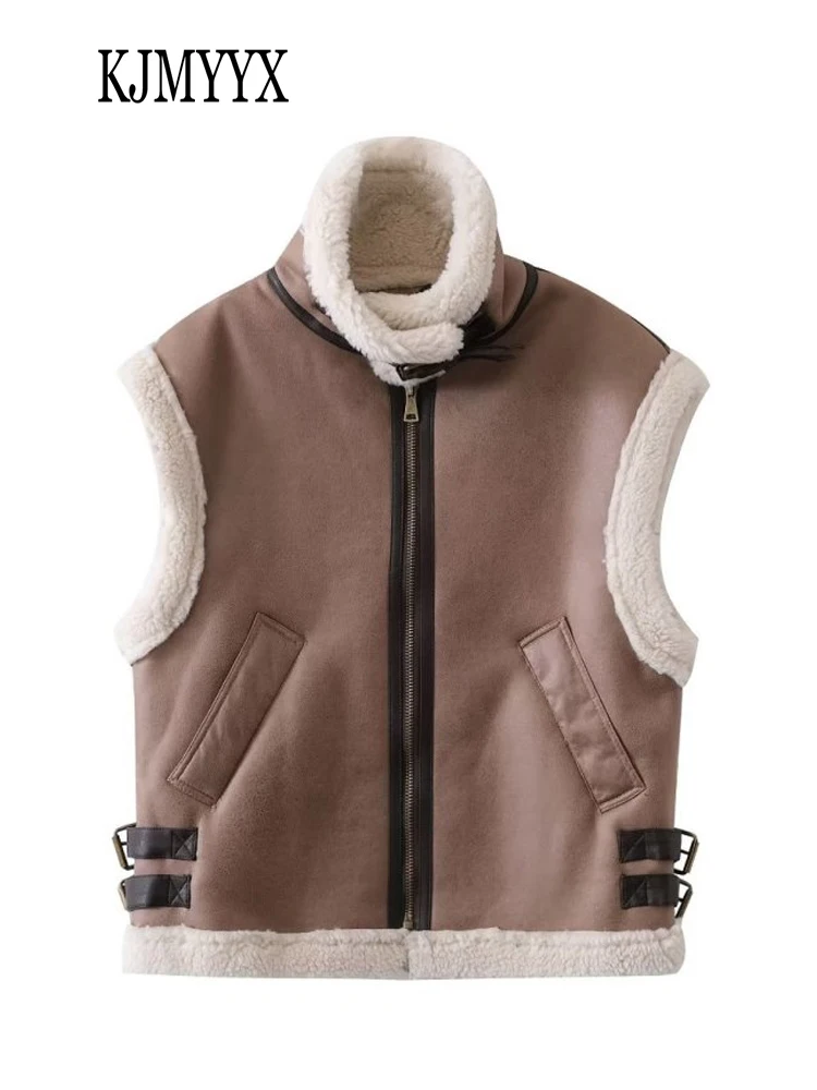 

KJMYYX 2022 Autumn Winter Women Vest Stitching Lambswool Imitation Leather Vest Coat Vintage Sleeveless Pockets Female Waistcoat