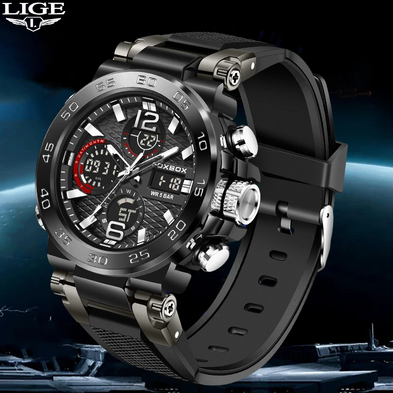 

LIGE New LCD Display Men‘s Wristwatches Luminous Sports Man Watch Waterproof Military Quartz Male Clock Relogio Masculino 2023