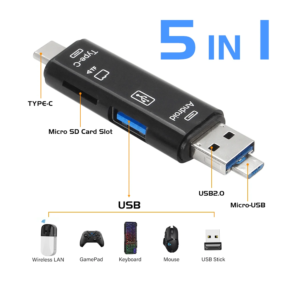 

5 в 1, многофункциональное устройство для чтения карт памяти USB 2,0, USB/Micro/USB/TF/SD