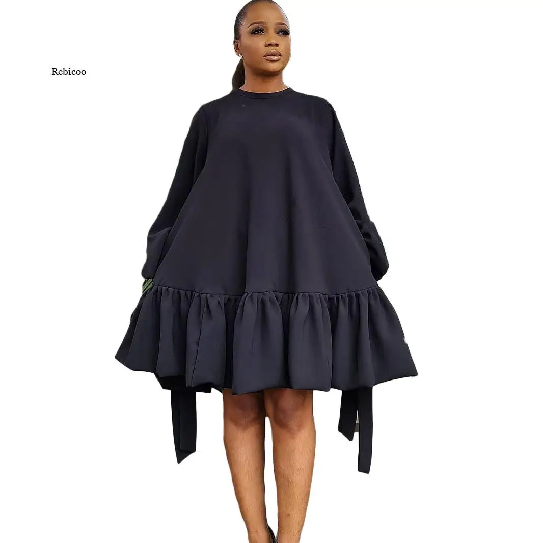 

Summer Puff Sleeves Solid Mini Sundress Women Elegant Dress 2022 Fashion O Neck Ruffles Hem Loose Vestidos
