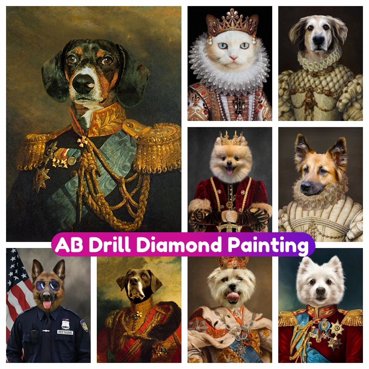 

Animal Renaissance Portrait 5D AB Diamond Painting Dog Art Full Square Round Mosaic Embroidery Cross Stitch Kit Home Decor