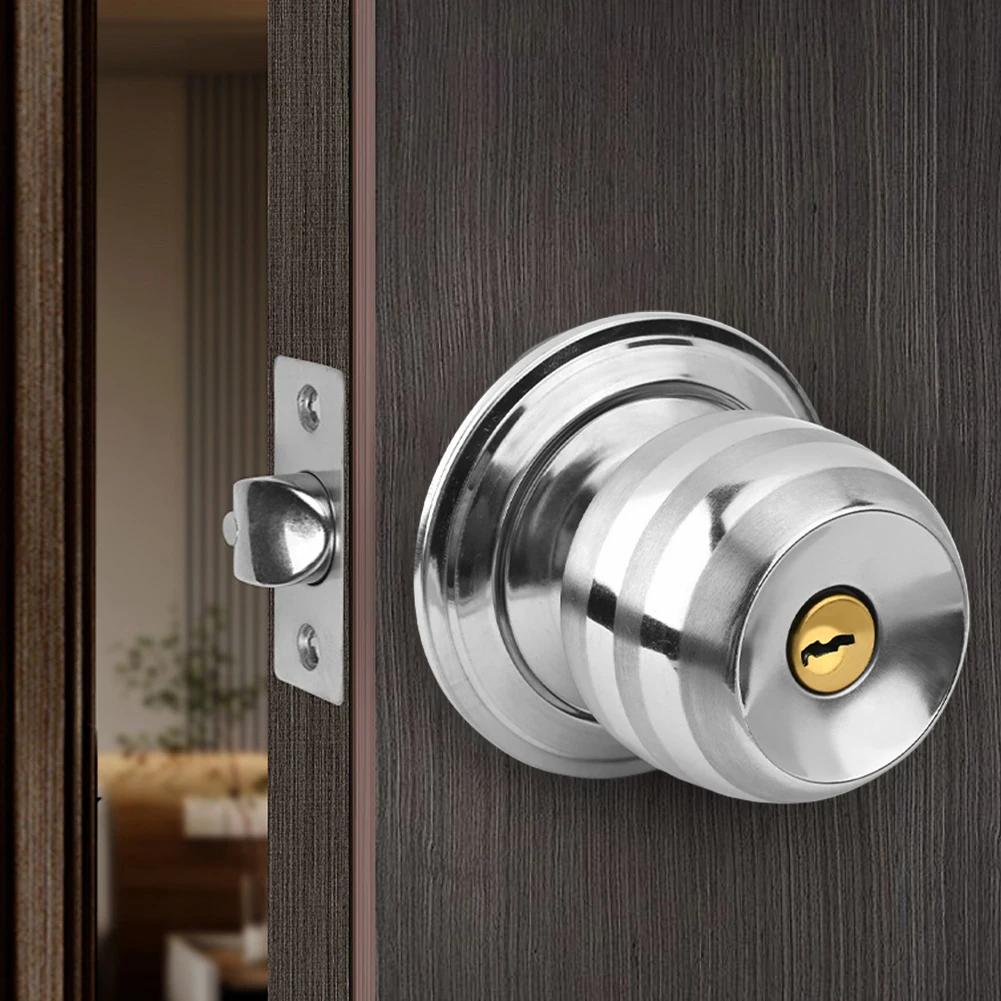 Door Knobs 1set Safety Lock Door Handle Stainless Steel Entrance Round Doorknob Passage Lock with Key For Home Office Hotel