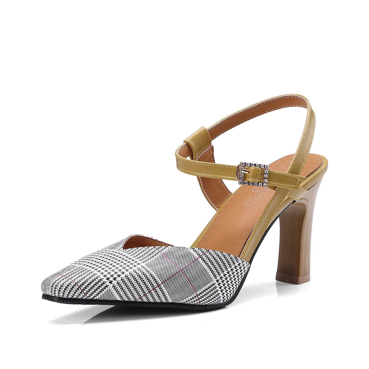 

Mstyle Handmade Closed Toe Slingback Women Sandals Mid Heel Rhinestone Buckle Checker Elegant Summer Party Dress New Pumps Shoes
