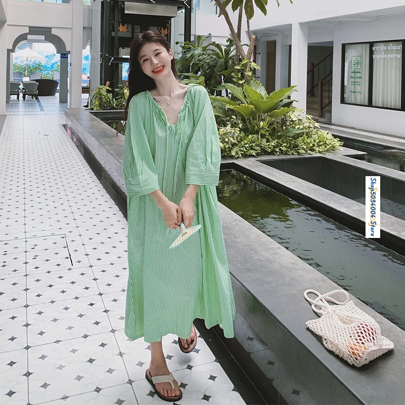 

Женское платье в зеленую полоску, повседневное свободное платье макси в стиле девушки из леса с коротким рукавом и кулиской, модель 2024 на лето, 9198