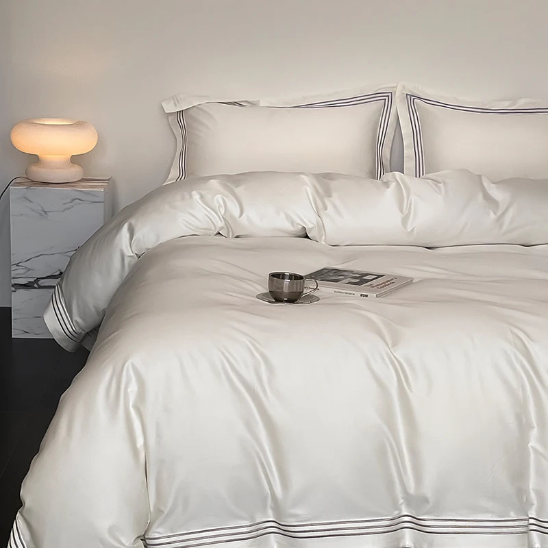 Luxury 1000TC Egyptian Cotton Solid Color Hotel Style Embroidery Bedding Set Duvet cover Set Flat/Fitted Bed Sheet Pillowcases 2