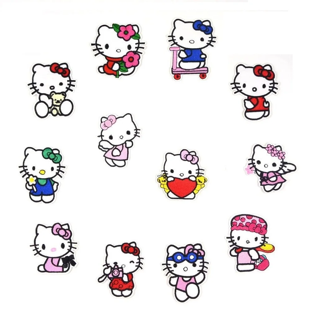

12Pcs Cute Hello Kitty For Sew Child Clothes Iron Embroidered Patches KT Cat For Hat Jeans Sticker Ironing Patch Applique Badge