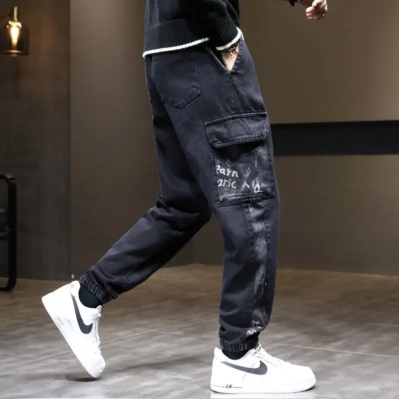 Man Casual Pants Jeans Men Spring Autumn and Winter Plush Loose Large Size Korean Version Tooling Style Corset Harlan Trousers
