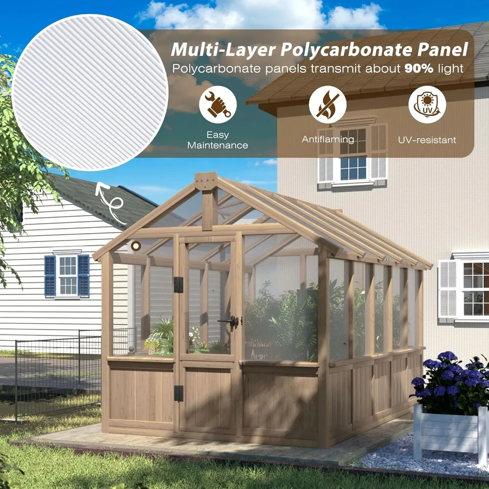 6x10FT Wood Greenhouse, Greenhouses for Outdoors with Lockable Door, Cedar Frame & Adjustable Vent, Green House 5