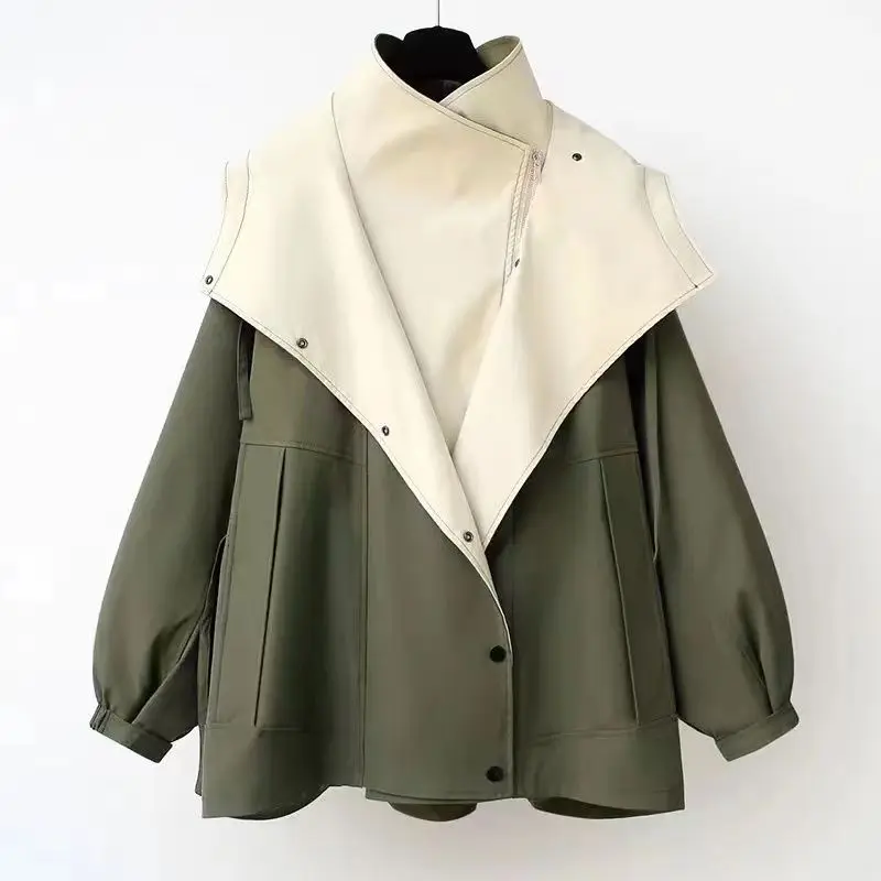 Autumn Chic Women's Windbreaker Contrast Fake Two-Piece Zip Button Wind Coat Belt Hoodie Casual All-Match Trend Outwear Jacket 4