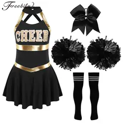 Kids Girls Cheerleading Outfits Jazz Dance Costume Dress with Headwear Ball Flowers Tube Socks for Sports Meeting Performance