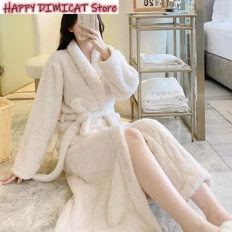 Female Waistband Pajamas Cardigan Jackets Flannel Nightgown Autumn Winter X-long Bathrobe Thicken Fluff Warm Home Service