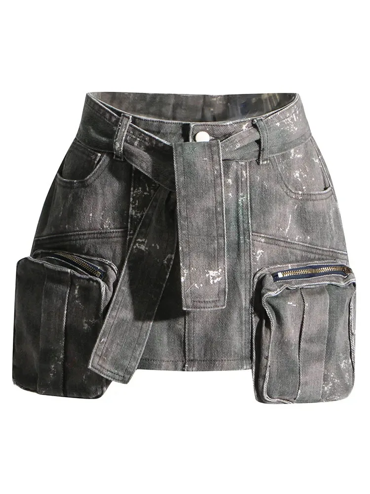 

NICEWOMEN A Line Skirts For Women High Waist Short Length Patchwork Lace Up Camouflage Denim Skirt Female Summer Fashion New