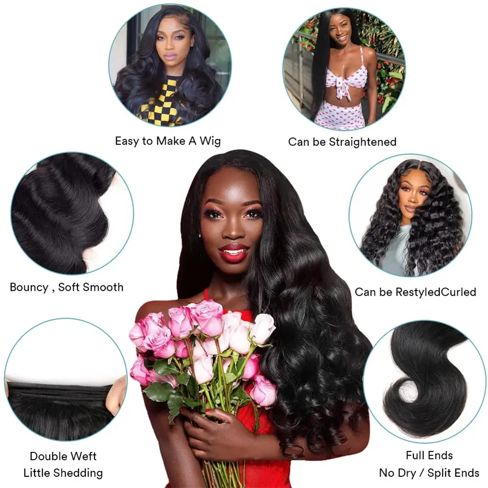 Body Wave Bundles With Closure Brazilian Human Hair Weave Bundles With Closure Hair Extension 3/4 4x4 Lace