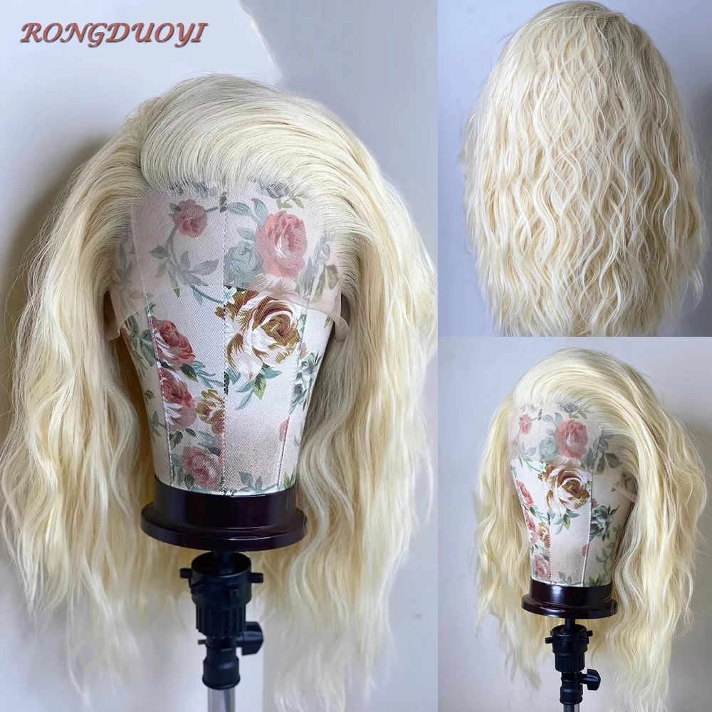 RONGDUOYI Platinum Blonde Wig Short Wave Frontal Lace Wig For Women Curly Bob Synthetic Heat Resistant Hair Glueless Daily Use