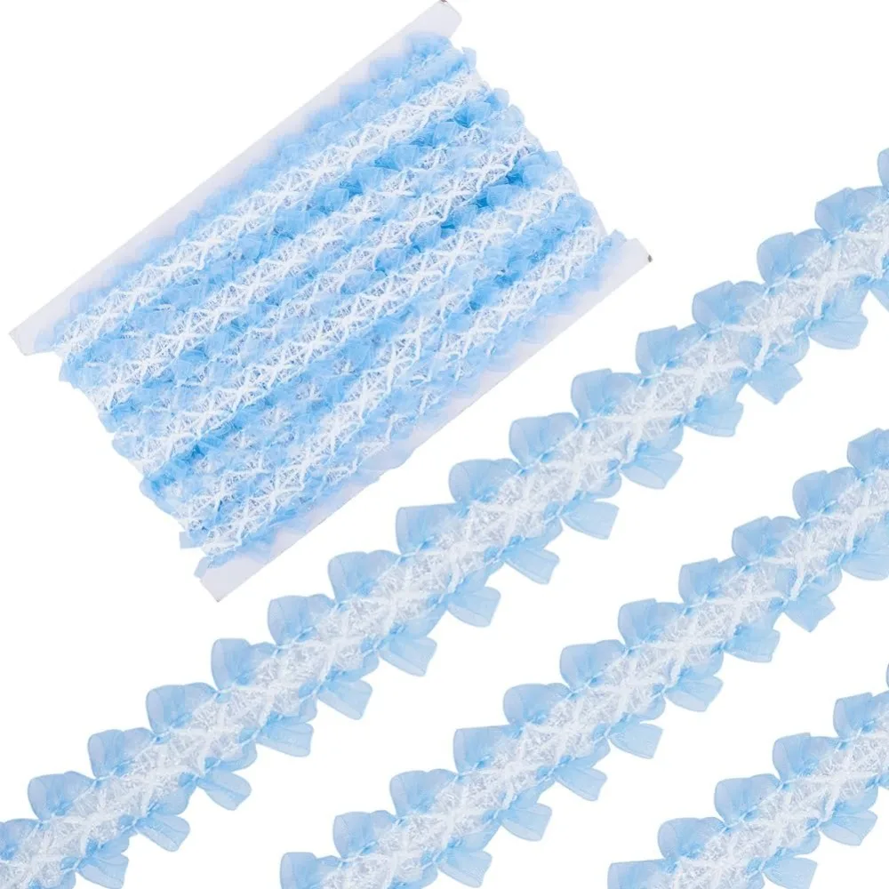 

10 Yards Floral Lace Trims Hollow Flower Lace Organza Ruffles Ribbon Vintage Lace Trimming Sky Blue Polyester for DIY Garment