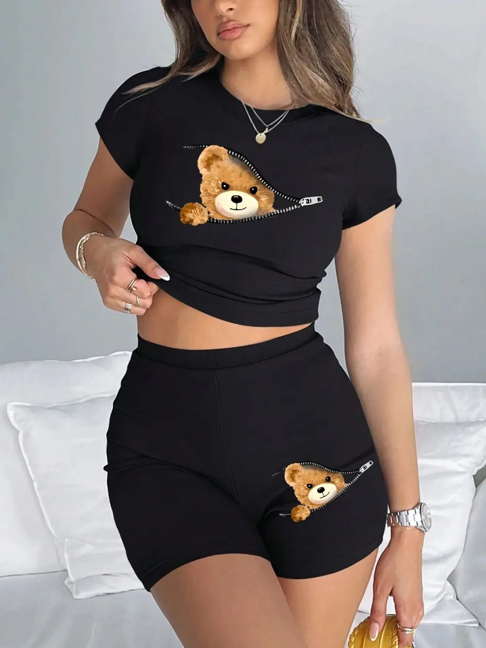 Teddy Zipper Women's Slim Crop T-Shirt & Shorts Set