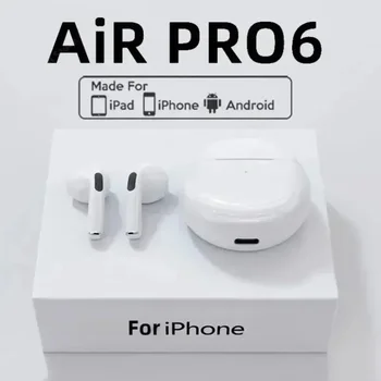 The image displays the Air Pro 6 Premium Cheap Earbuds inside their original white cardboard packaging, giving a clear view of how these cheap wireless earbuds are presented when purchased.