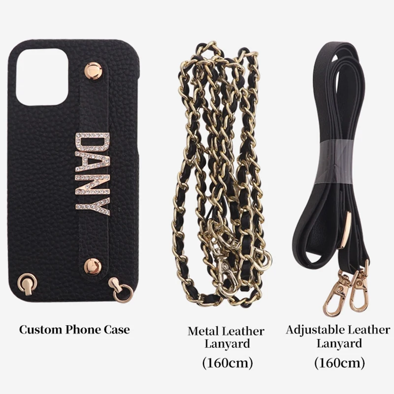 Genuine Leather Phone Case with Crossbody Strap DIY Phone Cover Customized Your Name iPhone 15 14 14Pro Max 14Plus 13Pro 12 11