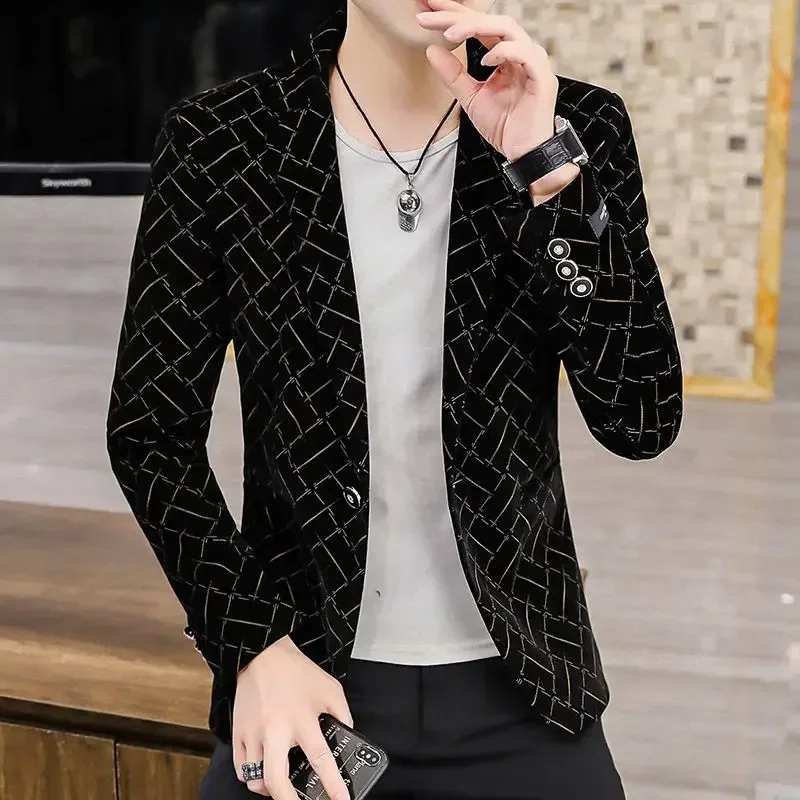 thumbnail image 1 of Chaqueta de traje para hombre, chaqueta corta a rayas para hombre, abrigo corto negro, moda 2024, simple, con botones, verano, vintage, elegante, 1 of 5