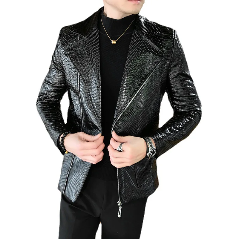 New Crocodile Patterns Leather Jacket men's solid lapel Slim Fit PU Coats Casual Blazer Leather Jacket Motorcycle  Outwear 4