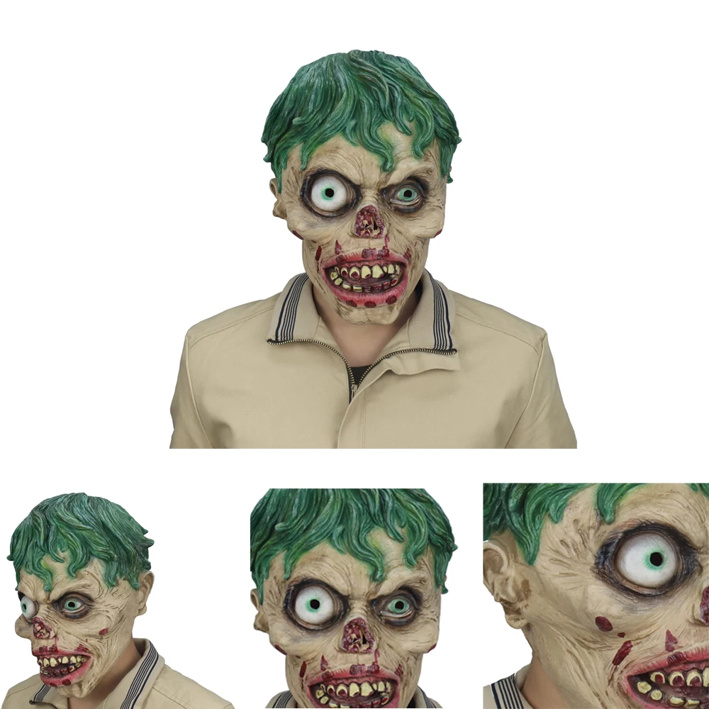 

Zombie Cosplay Latex Masks Horror Halloween Party Supplies Green Hair Big Eyes Blooding Helmet Costume Props