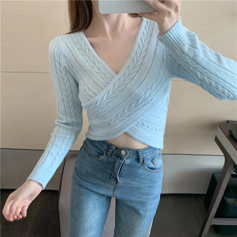 JMPRS Cross Women Pullover Cropped Sweater Autumn Fashion V Neck Long Sleeve Solid Ladies Jumper Casual Korean Slim Knit Tops pink sweater
