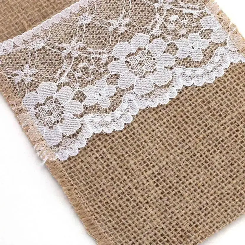 10 Pcs Burlap Lace Cutlery Pouch Wedding Tableware Party Decoration Holder Bag Hessian Rustic Jute 11cm X 21cm