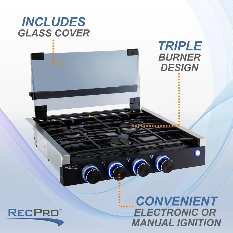RV Built In Gas Cooktop | 2 Burner or 3 Burner | RV Cooktop Stove | 6,500 and 8,000 BTU Burners |Cover Included(Black, 3-Burner) 6