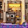 Kitchen Bakers Rack with Storage Shelves, Microwave Stand with Power Outlet and LED Light, Coffee Bar Cabinet Wire Basket Metal 5
