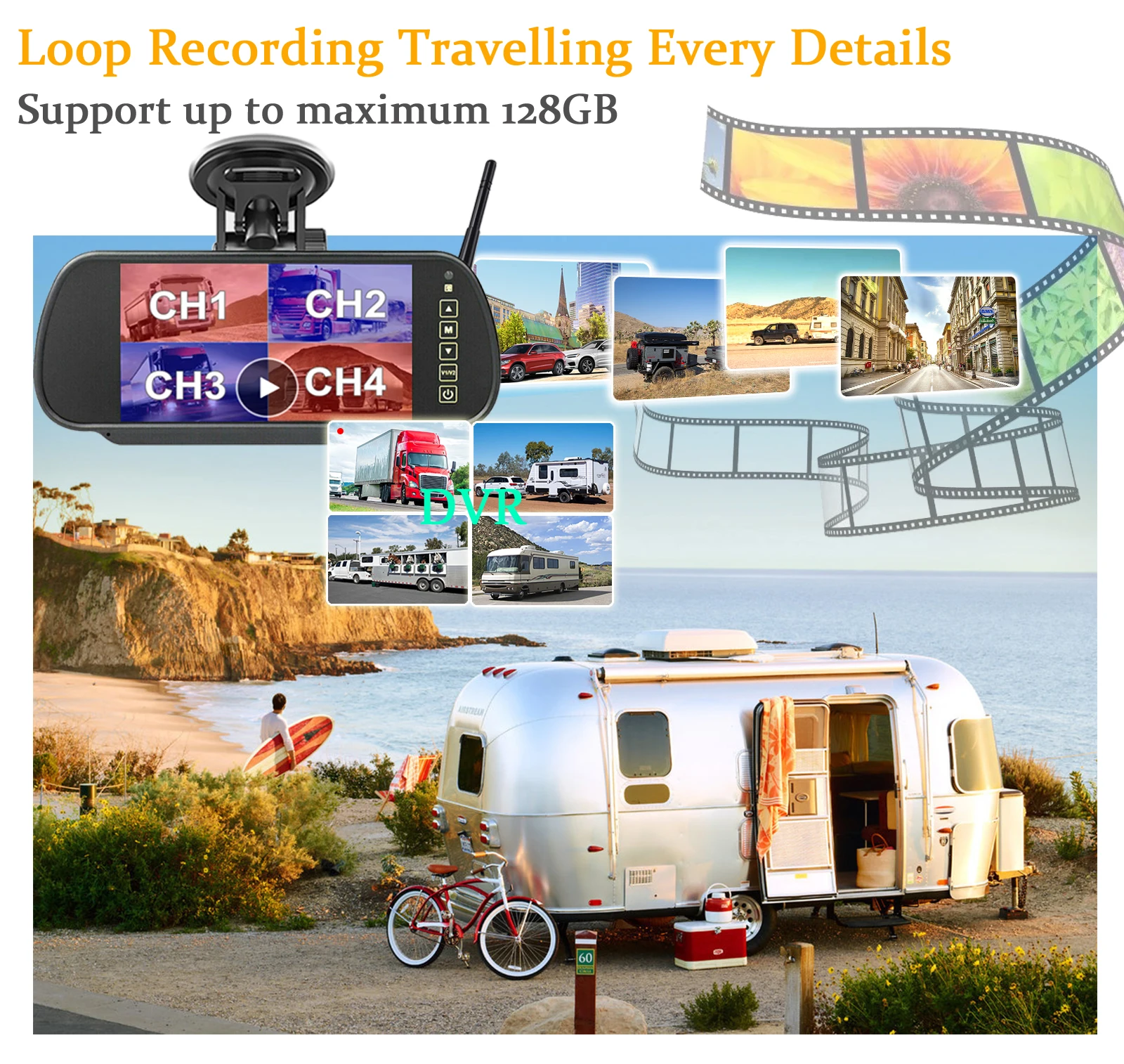 IPoster الرقمية اللاسلكية 7 بوصة شاشة مقسمة DVR مراقب AI المركبات البشرية كشف BSD كاميرات احتياطية لمقطورة Rvs تخييم