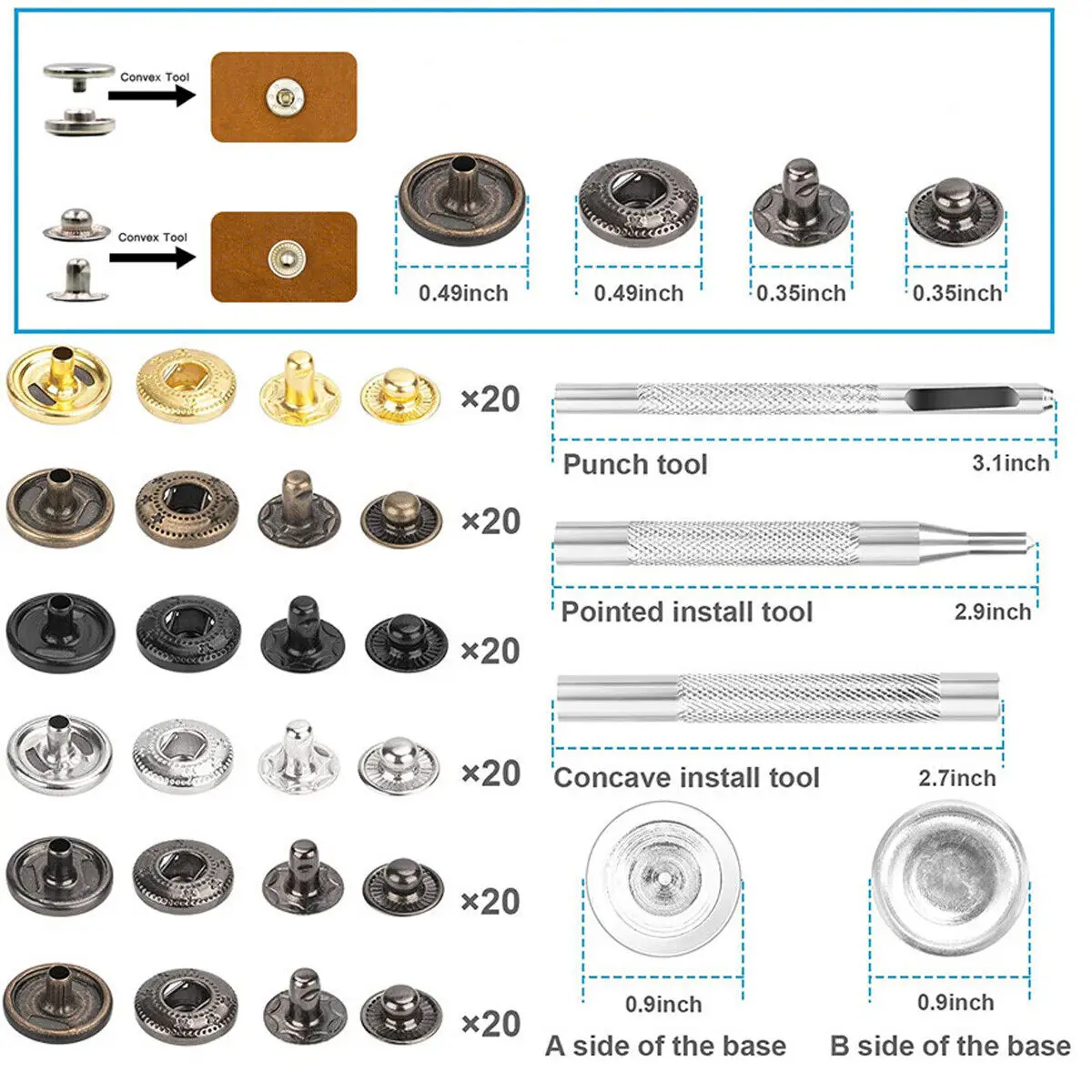 325PCS (80 set) Heavy Duty Snap Fasteners Press Studs Kit +Poppers Leather Button Tool For DIY Clothes Garment Bag Shoes 6