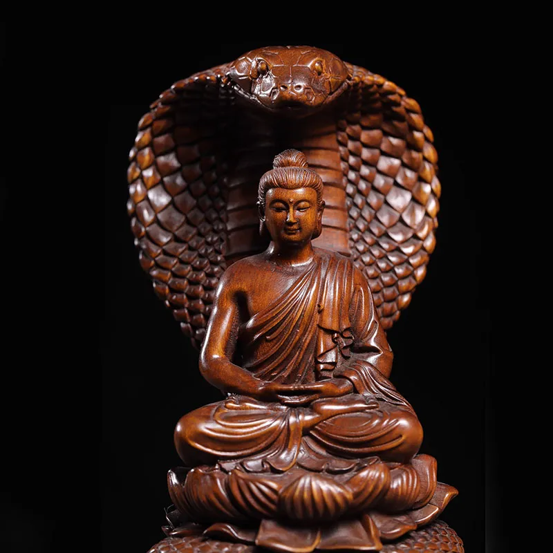 Vintage Serpent Buddha Statue, Huangyang (Boxwood), Wooden Carving, Antique Style Buddha Sculpture