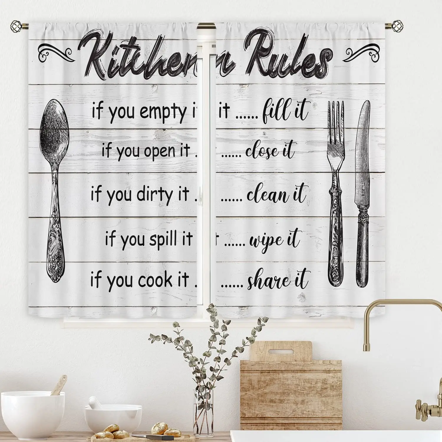 

Rod Pocket Farmhouse Funny Quotes Cafe Curtains Rustic White Wooden Vintage Shabby Chic Art Printed Kitchen Rules Window Drapes