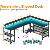 59" L Shaped with Power Outlet and LED Lights, with USB Ports, Reversible L Shape Desk with Storage Shelves & Monitor Stand 2