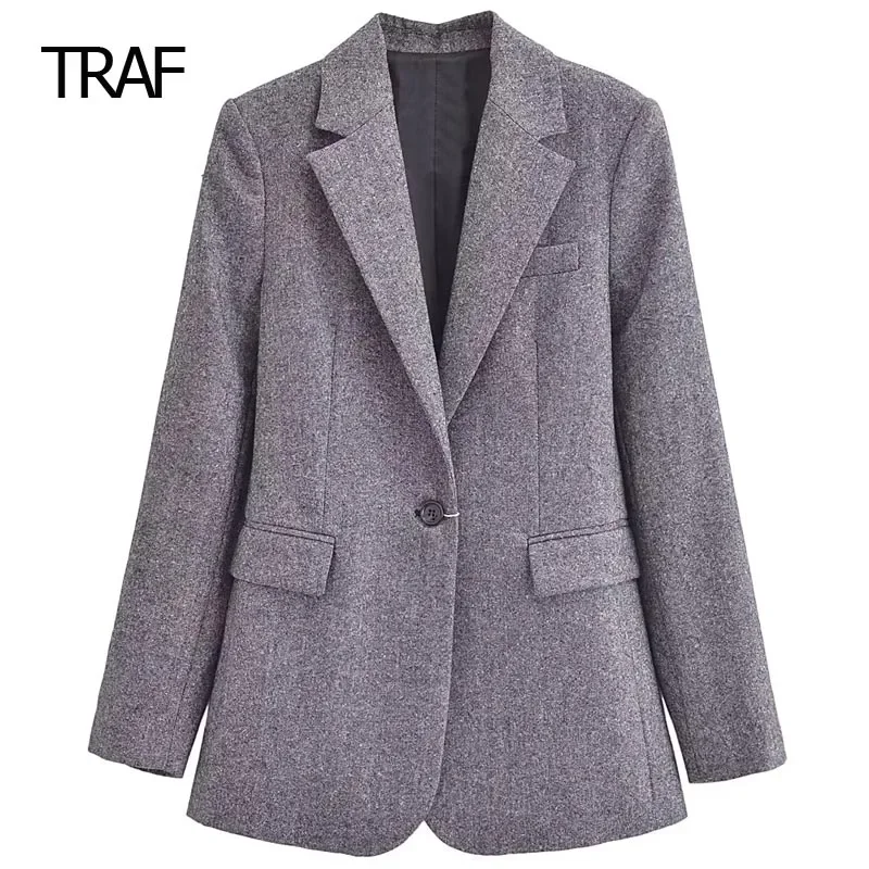 

TRAF Women's Blazers Autumn Winter Silvery Tweed Blazers Long Sleeve Top New In Outerwears Elegant Luxury Designer Blazer Women