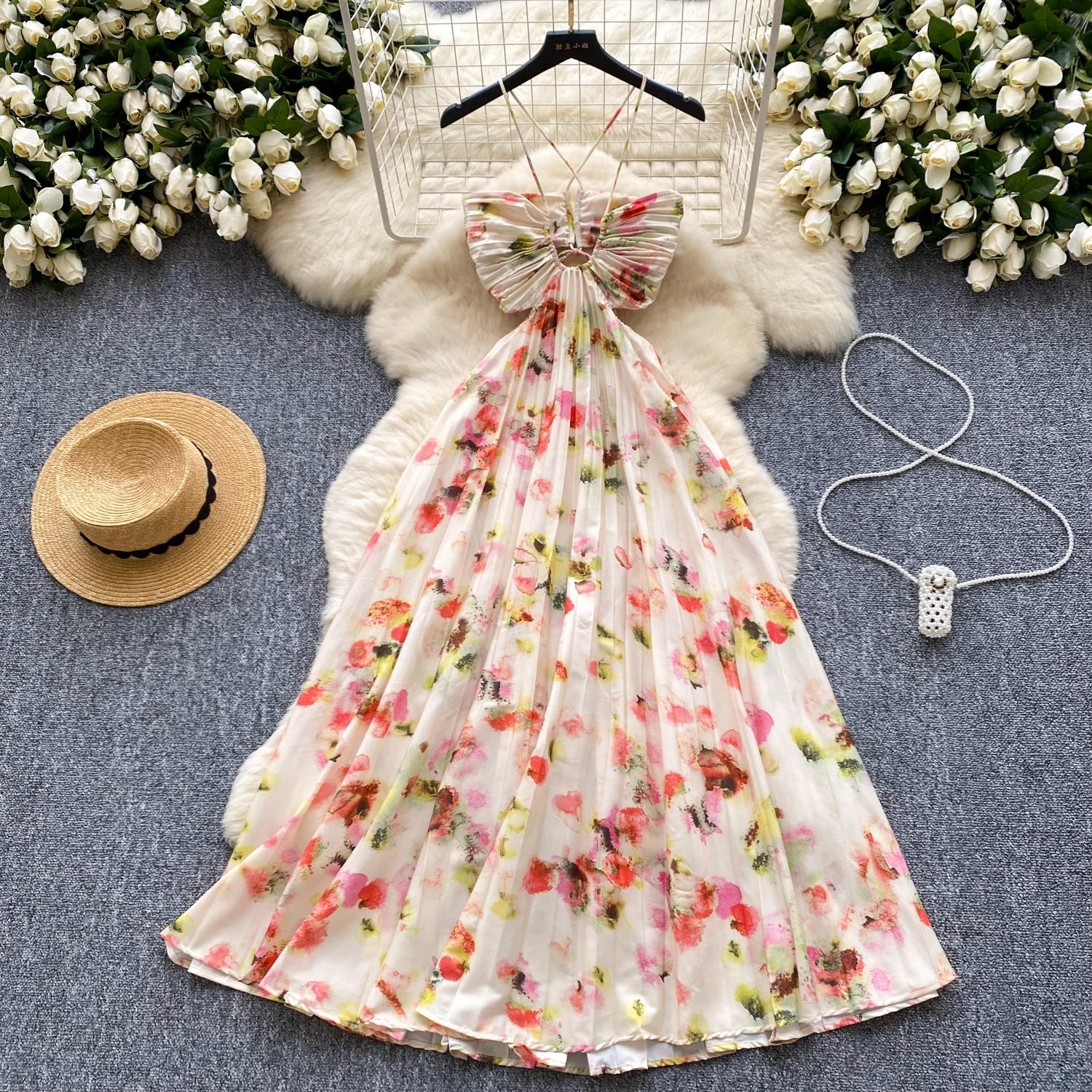 Women Hanging Neck Pring Bohemian Long Dress Beach Holiday Hollow Backless  Dress Lady Korean Trendy Sundress Tropical Sexi Dress - AliExpress 200000345