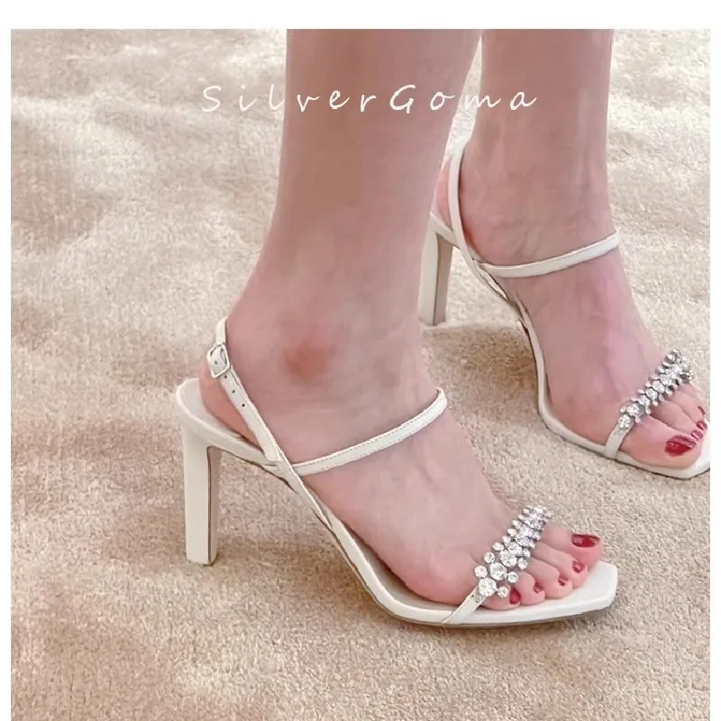 

Summer New Water Diamond One Line Buckle Strap Sexy Square Heel Sandals Thin High Heel Banquet Dress Versatile Large Women Shoes
