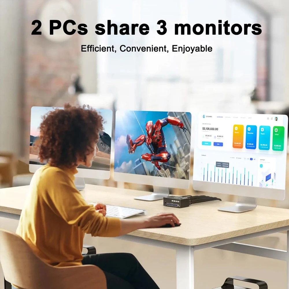USB 3.0 KVM ó, ǻ ġ , 2 PC  USB 3.0 ÷ Ʈ, 2 Է 3  3 , 8K @ 30Hz, 4K @ 144Hz