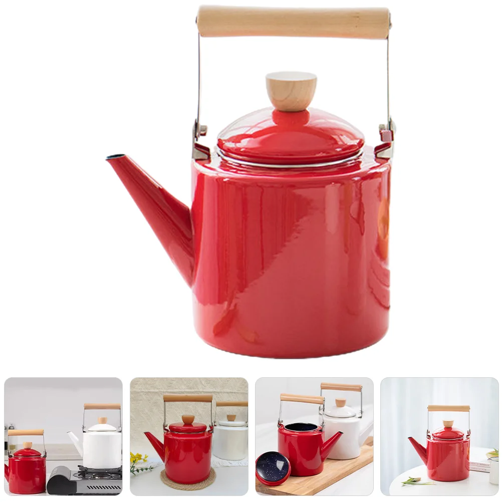 

Cold Water Bottle Enamel Pot Tea Kettle Stoveto Wooden Handle Teapot for Stovetop