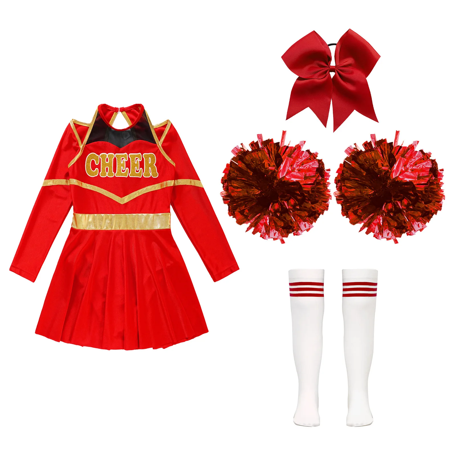 Cheerleading Costume Cheerleader Outfit Cheering Uniform for Kids Girls Long Sleeve Dress with Pom Poms Stocks Schoolgirls Cheer Leader Dance Costume