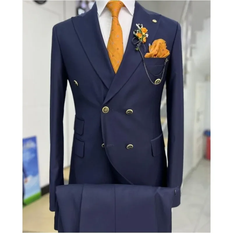 Double Breasted Formal Men Suits Slim Fit 2 Pieces Groom Tuxedos for Wedding Peaked Lapel Custom Male Blazer Prom Daily Wear