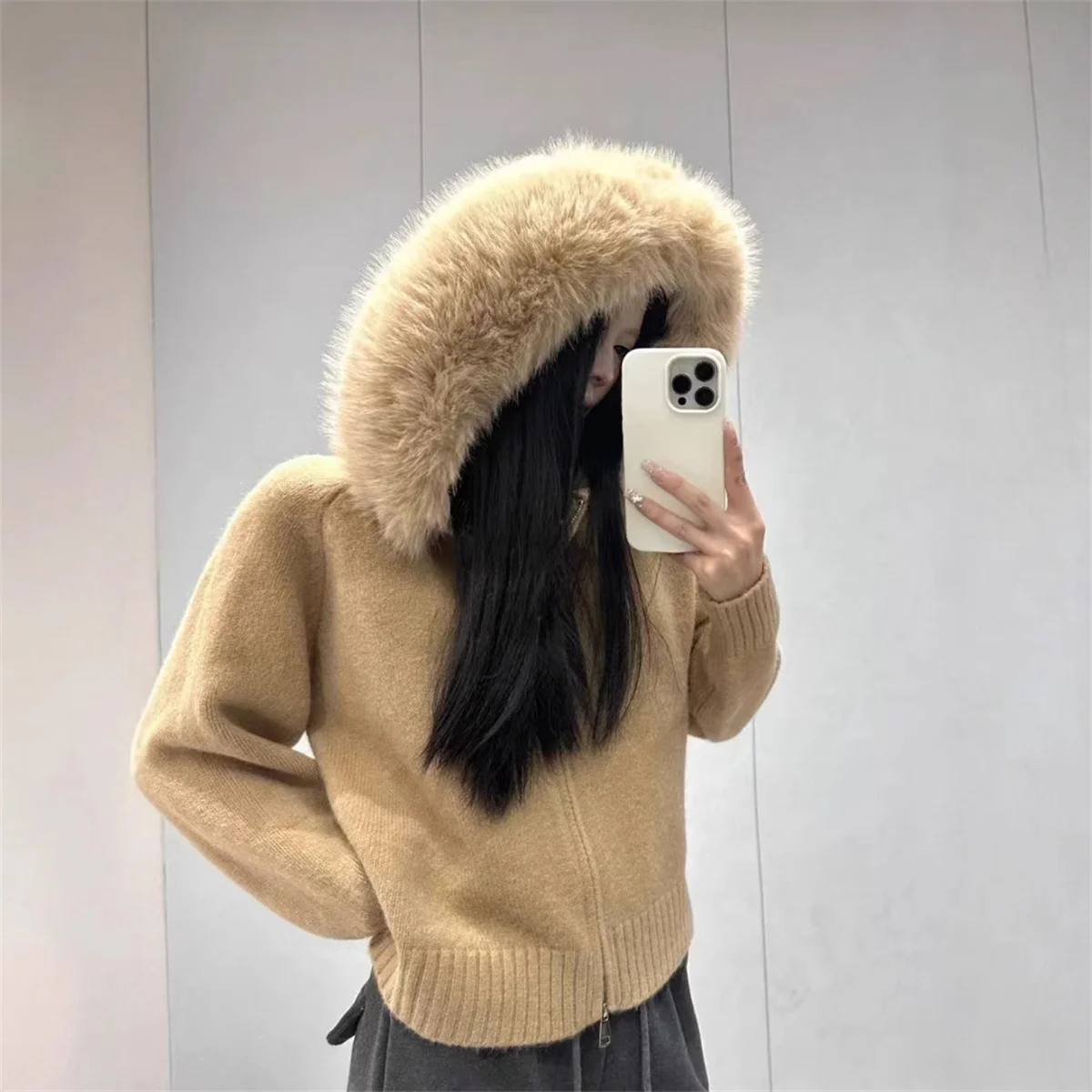 Loose Zipper Kintted Jacket Oversized Cardigan Kintwear Women Winter Autumn Hooded Sweater Female Solid Fake Fur Knitting Coat